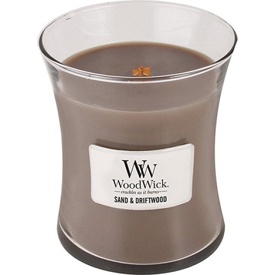 WoodWick Sand & Driftwood - Sand and driftwood scented candle with wooden wick and lid glass medium 275 g