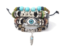 Leather multi-layer bracelet, blue eye symbol, feather adjustable size