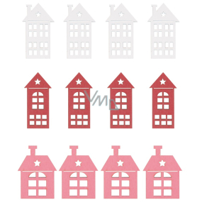 Wooden houses White, pink, red 4 cm 12 pieces in bag
