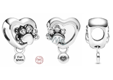 Charm Sterling silver 925 Paw and heart, bead on bracelet pet