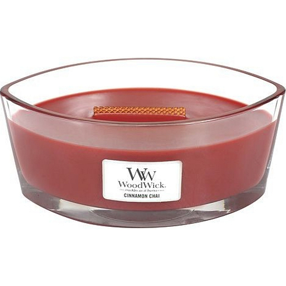 WoodWick Cinnamon Chai - Cinnamon and vanilla scented candle with wooden wide wick and glass boat lid 453 g