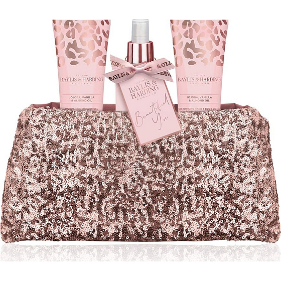 Baylis & Harding Jojoba, Vanilla and Almond oil body spray 100 ml + shower gel 100 ml + hand and body lotion 100 ml + handbag, cosmetic set
