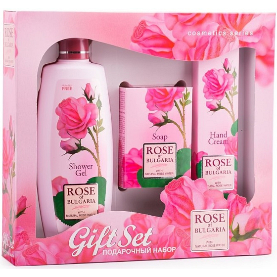 Rose of Bulgaria shower gel with rose water 330 ml + toilet soap with rose 100 g + hand cream with rose water 75 ml, cosmetic set for women