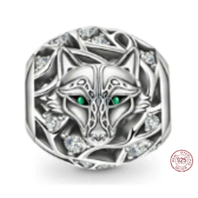 Charm Sterling Silver 925 Wolf, Green Eyes, Animal Bracelet Bead