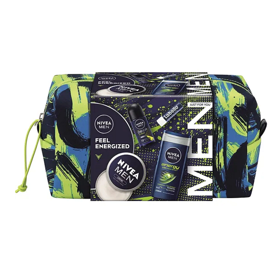 Nivea Men Feel Energized Creme for face, body, and hands 150 ml + Nivea Men Deep Sport antiperspirant roll-on 50 ml + Nivea Men Energy shower gel 250 ml + Labello Men Active lip balm 4.8 g + cosmetic bag, cosmetic set for men