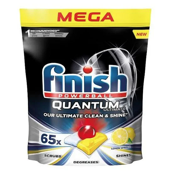 Finish Quantum Ultimate Lemon dishwasher tablets, protect dishes and glasses, deliver dazzling cleanliness and shine, 65 pieces