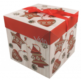 Folding gift box with Christmas ribbon with red decorations 16.5 x 16.5 x 16.5 cm
