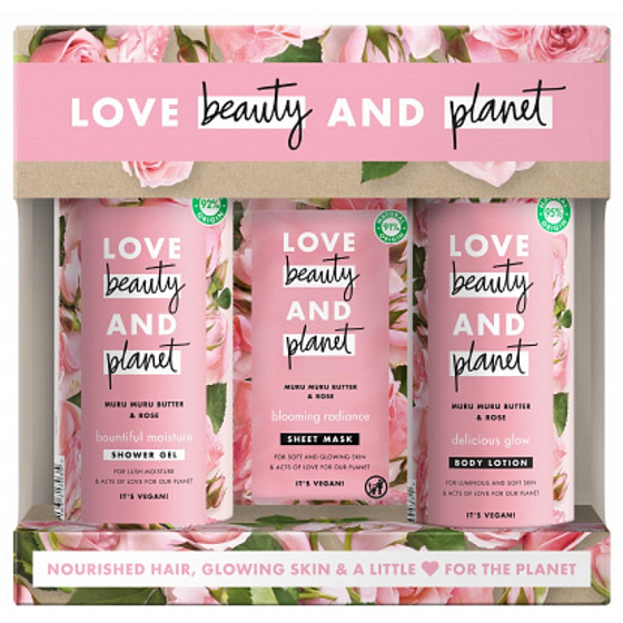 Love Beauty & Planet Murumur Butter and Rose shower gel 400 ml + body lotion 400 ml + textile face mask 21 ml, cosmetic set for women