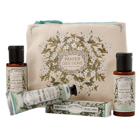 Panier des Sens Jasmine shower gel 50 ml + body lotion 50 ml + eau de toilette 3.5 ml + hand cream 30 ml + pouch, travel cosmetic set