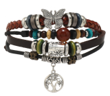 Leather multi-layer bracelet, symbol Tree of Life + butterfly, adjustable size