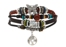 Leather multi-layer bracelet, symbol Tree of Life + butterfly, adjustable size