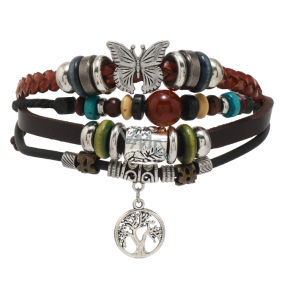 Leather multi-layer bracelet, symbol Tree of Life + butterfly, adjustable size