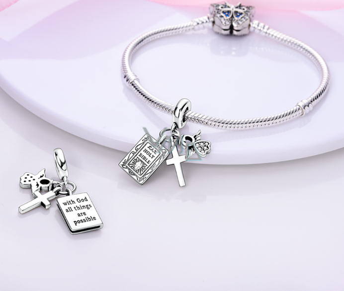 Sterling silver 925 Religious charms, First Communion, Baptism Bible with God all things are