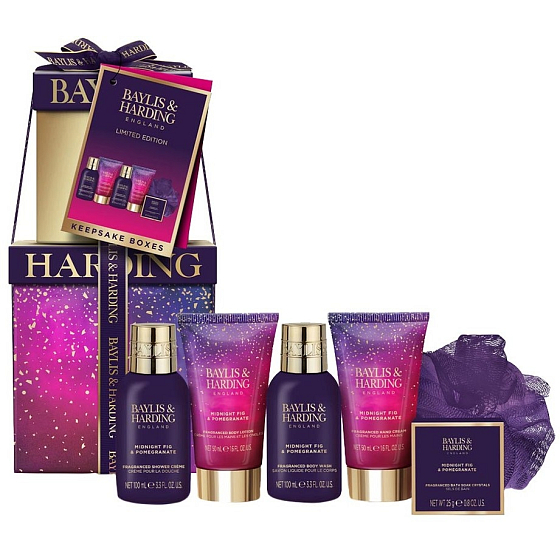 Baylis & Harding Fig and Pomegranate shower gel 100 ml + shower cream 100 ml + body lotion 50 ml + hand cream 50 ml + bath crystals 25 g + sponge, cosmetic set for women
