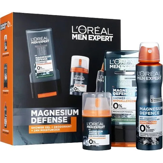 Loreal Paris Men Expert Magnesium Defence shower gel 300 ml + deodorant spray 150 ml + moisturizer for sensitive skin 50 ml, cosmetic set for men