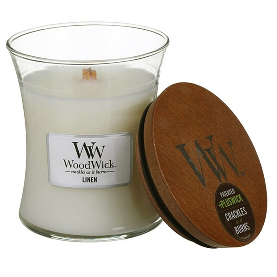 WoodWick Linen - Pure Linen scented candle with wooden wick and lid glass medium 275 g