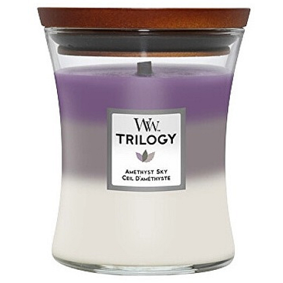 WoodWick Trilogy Amethyst Sky scented candle with wooden wick and lid glass medium 275 g