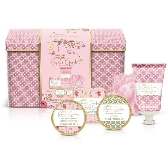 Baylis & Harding Rose, Poppy and Vanilla shower cream 50 ml + hand cream 50 ml + solid soap 50 g + body butter 50 ml + sponge + tin box, cosmetic set for women