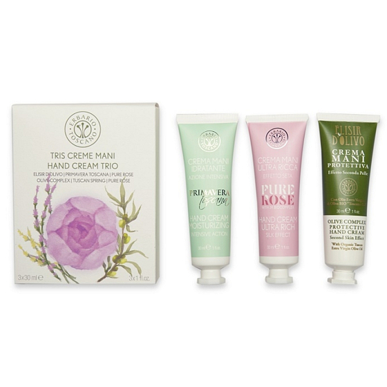Erbario Toscano Tuscan Spring Hand Cream 30 ml + Rose Hand Cream 30 ml + Olive Hand Cream 30 ml, luxury cosmetic set