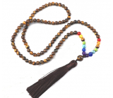 108 Mala 7 chakra necklace, Tiger eye meditation jewel, natural stone, knotted tassel 8 cm, bead 6 mm