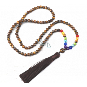 108 Mala 7 chakra necklace, Tiger eye meditation jewel, natural stone, knotted tassel 8 cm, bead 6 mm