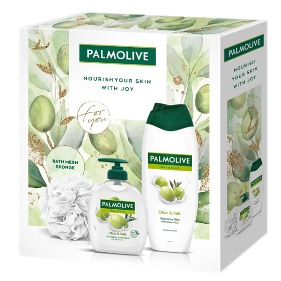 Palmolive Naturals Olive & Milk liquid soap 300 ml + shower gel 500 ml + bath sponge, cosmetic set