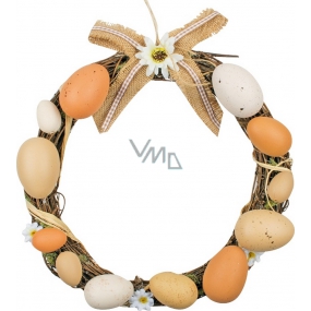 Wicker wreath with brown plastic eggs 25 cm