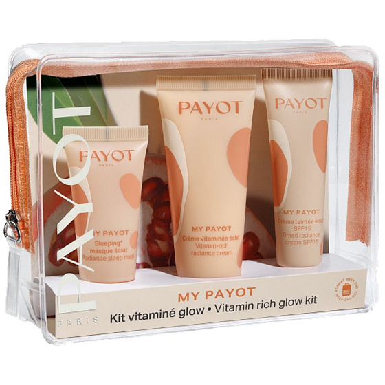 Payot My Payot Creme Glow cream for restoring radiant skin 30 ml + CC Glow unifying and brightening cream 20 ml + Masque Sleep and Glow night mask to promote brightness 15 ml + pouch, cosmetic set for women