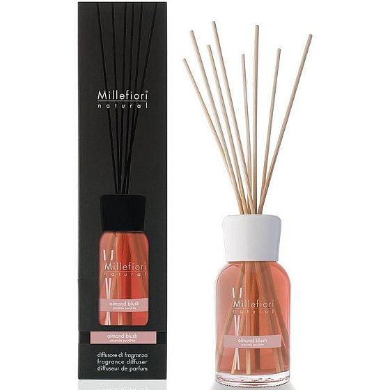 Millefiori Milano Natural Almond Blush - Almond Powder Diffuser 250 ml + 8 stalks 30 cm long in medium-sized rooms lasts at least 3 months