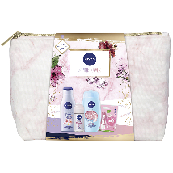 Nivea Pink Power body lotion 200 ml + shower gel 250 ml + antiperspirant deodorant roll-on 50 ml + Labello lip balm 4.8 g + case, cosmetic set for women