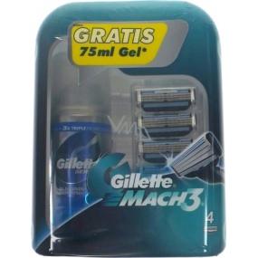 Gillette Mach3 spare head 4 pieces + shaving gel 75 ml, cosmetic set, for men