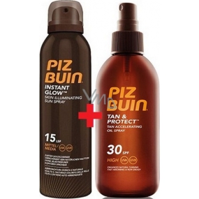 Piz Buin Instant Glow SPF15 Brightening Sun Spray with Instant Radiant Effect 150 ml + Piz Buin Tan & Protect Tan Accelerating Oil Spray SPF30 Protective Oil 150 ml, duopack