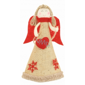 Jute angel with red heart wings on standing 19 cm