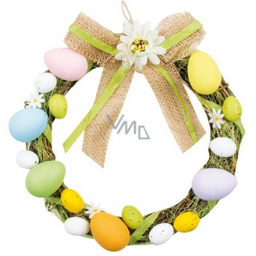 Wicker wreath with colored plastic eggs 20 cm