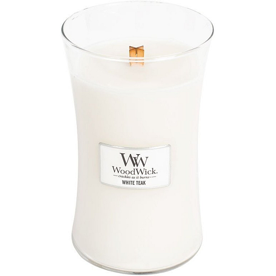 WoodWick White Teak - White teak scented candle with wooden wick and lid glass large 609.5 g