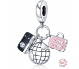 Charm Sterling silver 925 Earth globe, camera, pink suitcase 3in1, travel bracelet pendant