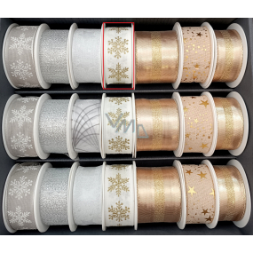 Nekupto Christmas fabric ribbon White golden flakes 25 mm x 2,5 m
