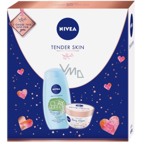 Nivea Tender Skin Ginger & Basil shower gel with clay for women 250 ml + Cherry blossom & Jojoba Oil body souffle with oil 200 ml, cosmetic set