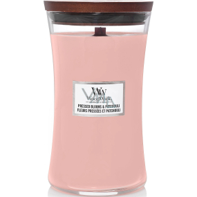 WoodWick Pressed Blooms & Patchouli scented candle with wooden wick and lid glass large 609,5 g