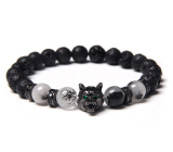 Lava + crystal + crystal with tourmaline + wolf head bracelet elastic natural stone, ball 8 mm / 21 cm