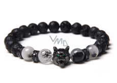 Lava + crystal + crystal with tourmaline + wolf head bracelet elastic natural stone, ball 8 mm / 21 cm