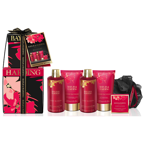 Baylis & Harding Cherry blossom shower gel 100 ml + shower cream 100 ml + body lotion 50 ml + hand cream 50 ml + bath crystals 25 g + body sponge, cosmetic set for women