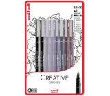 Uni Pin Creative Strokes Calligraphy Drawing Liner Set with special ink Black 0,6 and brush/ Light grey 0,5 and brush/ Dark grey 0,5 and brush/ Sepia 0,5 and brush 8 pieces