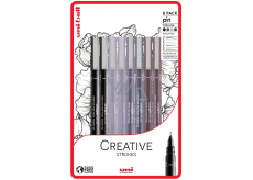 Uni Pin Creative Strokes Calligraphy Drawing Liner Set with special ink Black 0,6 and brush/ Light grey 0,5 and brush/ Dark grey 0,5 and brush/ Sepia 0,5 and brush 8 pieces