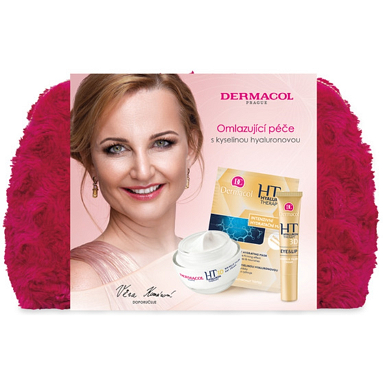 Dermacol Hyaluron Therapy 3D remodelling day cream 50 ml + remodelling eye and lip cream 15 ml + intensive moisturizing and remodelling mask 2 x 8 g + cosmetic bag, cosmetic set for women