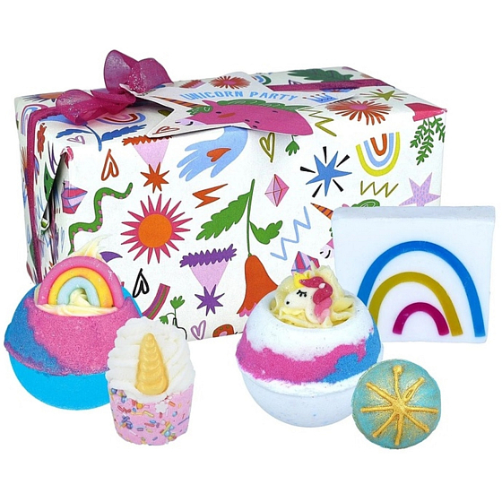 Bomb Cosmetics Unicorn Party 2 x bath fizzy bomb 160 g + butter bath ball 30 g + butter bath pad 50 g + glycerine soap 100 g, cosmetic set