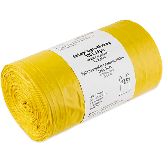 Quickpack yellow retractable waste bags, 55× 100 cm, 28 µm, 120 l, 50 pcs