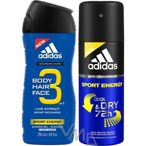 Adidas Sport Energy 3 in 1 shower gel for body, hair and face for men 250 ml + antiperspirant deodorant spray 150 ml, cosmetic set