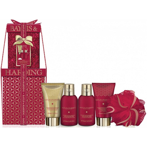 Baylis & Harding Fig and Pomegranate shower gel 100 ml + shower cream 100 ml + body lotion 50 ml + hand cream 50 ml + bath crystals 25 g + massage sponge, cosmetic set