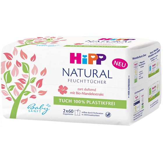 HiPP Babysanft Natural Sensitive cleansing wet wipes for babies without microplastics 2 x 60 pieces